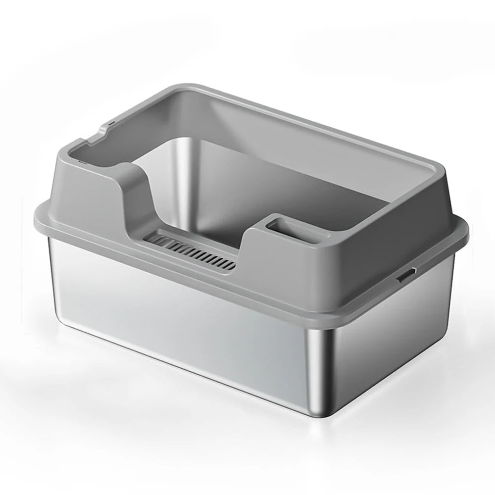 Stainless Steel Cat Litter Box with Lid and Scoop for Big Cat XL Metal Litter Pan Tray with High Wall Sides Enclosure Non-Sticky