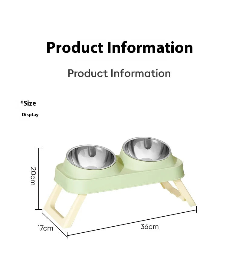 Foldable Stainless Steel Elevated Pet Bowl - Dual Dish Non-Slip Anti-Tip Raised Feeder with Neck Support for Cats Dogs