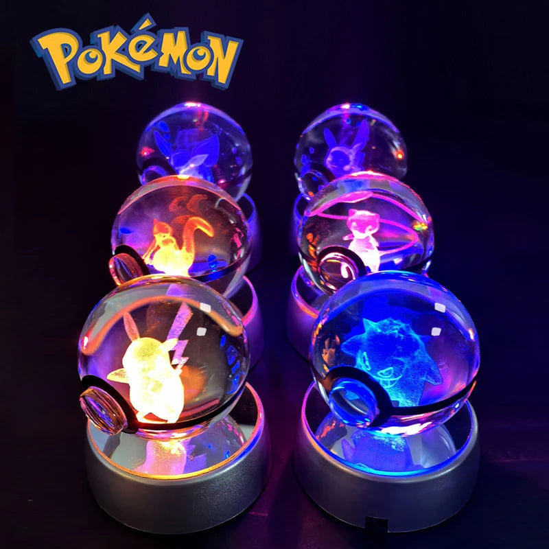 Pokemon Crystal Ball 3D Pikachu Gengar Mewtwo Night Light Lamp Pokeball 3D Glass Pokemon Crystal Ball Statue Kids Birthday Gift
