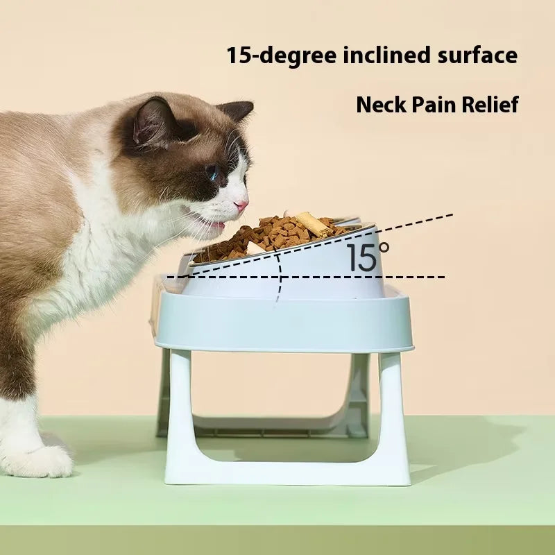 Foldable Stainless Steel Elevated Pet Bowl - Dual Dish Non-Slip Anti-Tip Raised Feeder with Neck Support for Cats Dogs