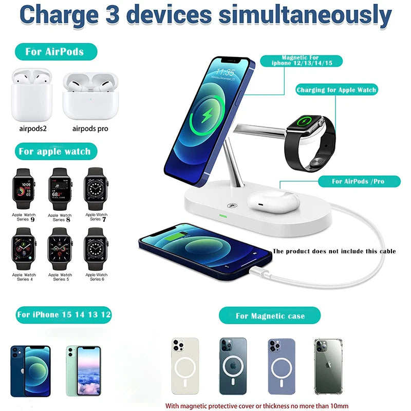 3-in-1 Wireless Magnetic Charger for iPhone 16 15 14 13 12, Fast Charging Station for Apple Watch 10 9 8 7 6 5 4, AirPods 2 3 Pro