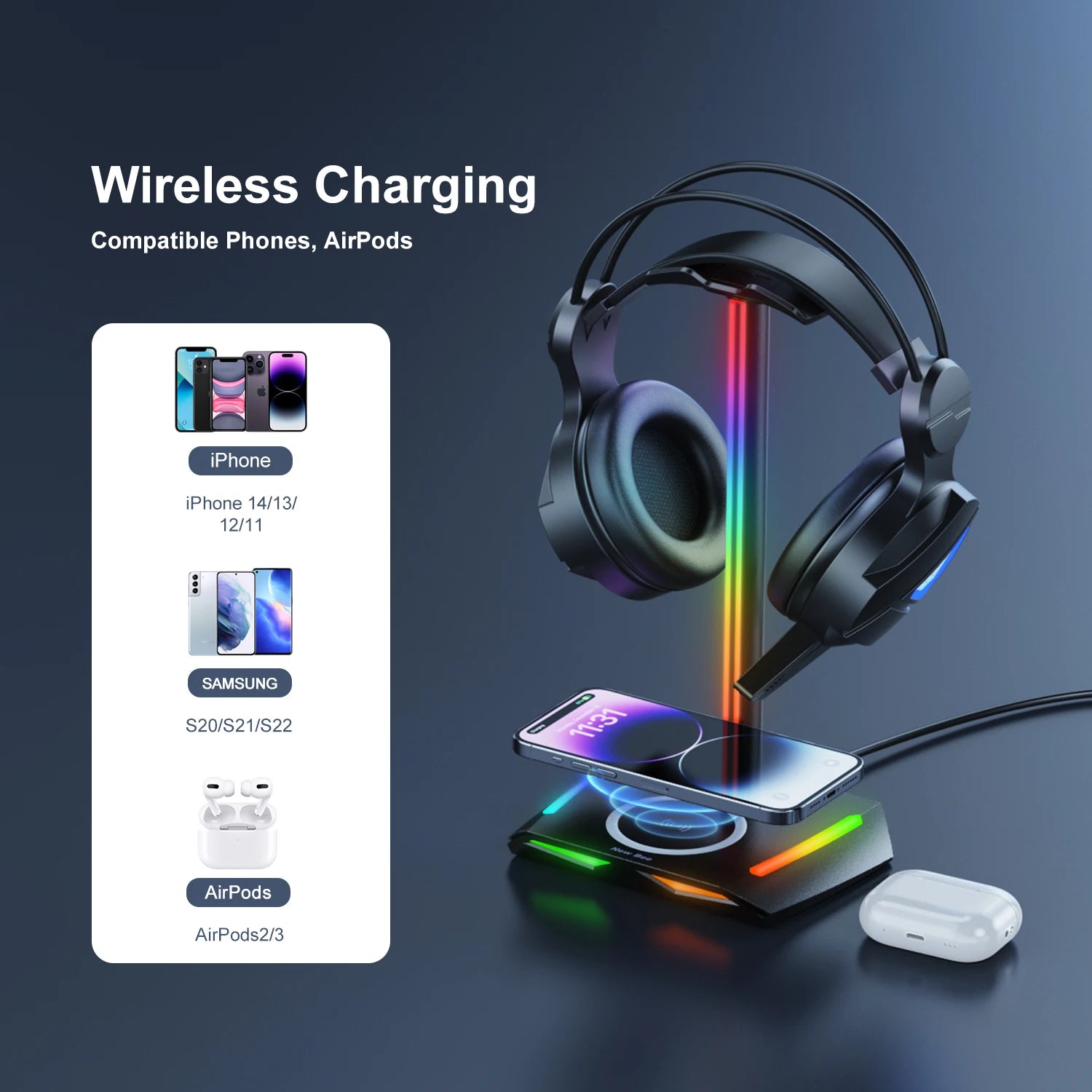 New Bee Z12 RGB Headset Stand Holder with Wireless Charger, Desk Base, Gaming Headphones Holder, Non-Slip Rubber Base