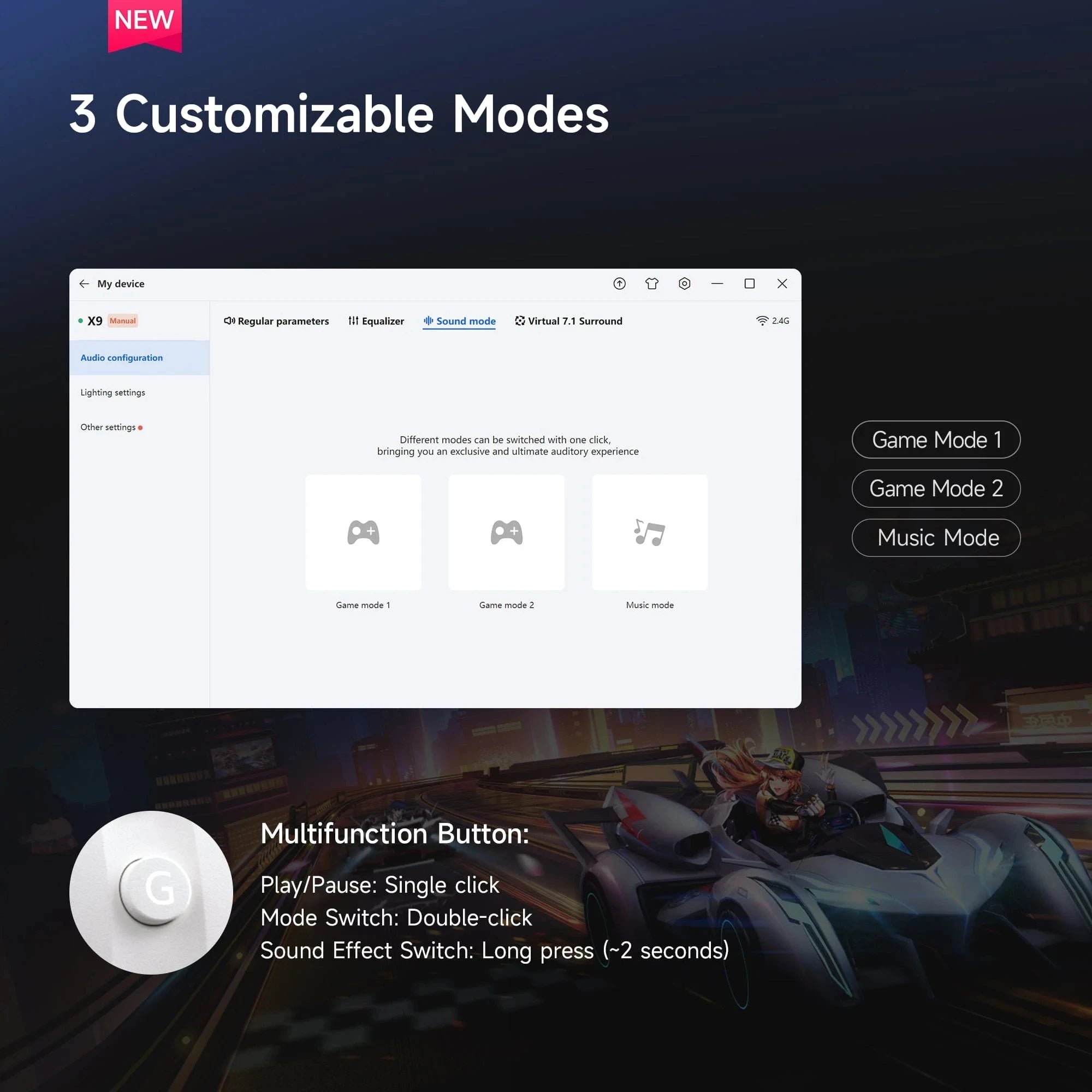 MCHOSE X9 Wireless Gaming Headset 7.1 Surround Sound Noise Canceling Mic Low 15ms Latency FPS Games E-sports Headphones
