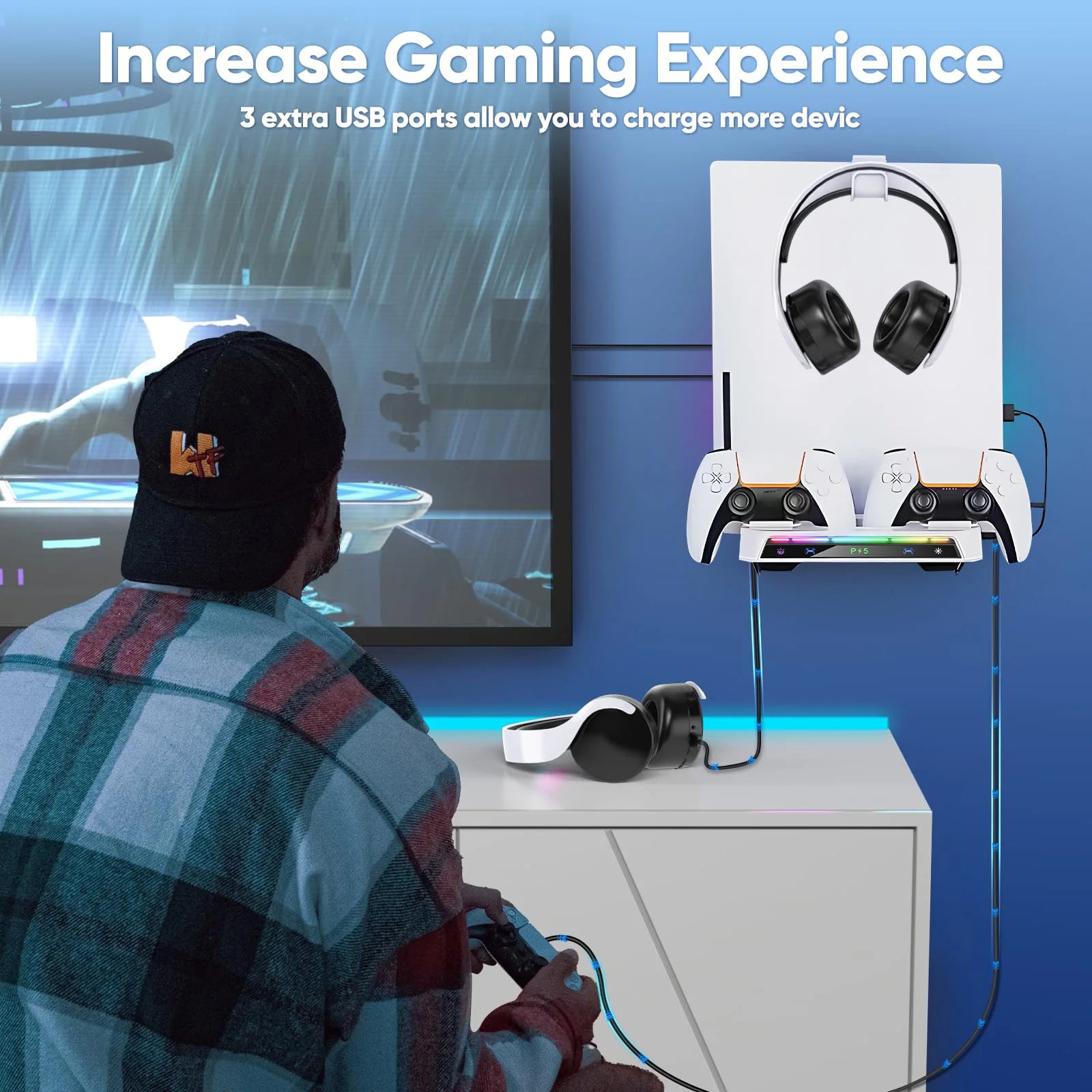 Wall Mount Kit For PS5/ Pro/ Slim Console with RGB Light Charging Station Headset Hanger For PS5 Accessories Dual Controller