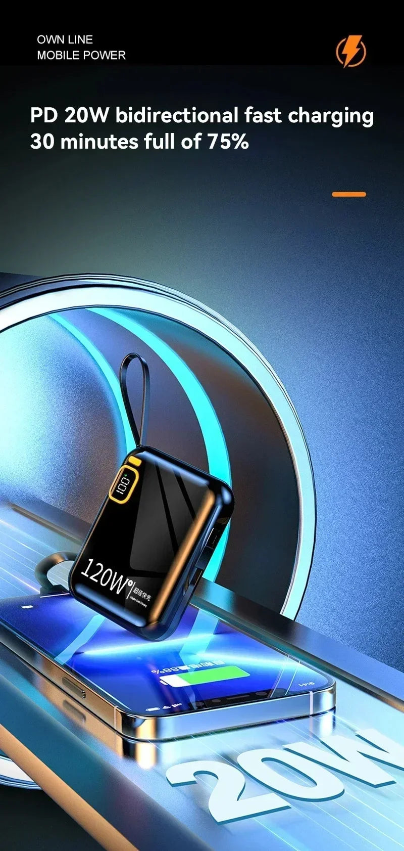 2025 New MINI 10000mAh Portable PD 120W Power Bank Two-Way Fast Charger Mini Powerbank for iPhone Xiaomi Samsung