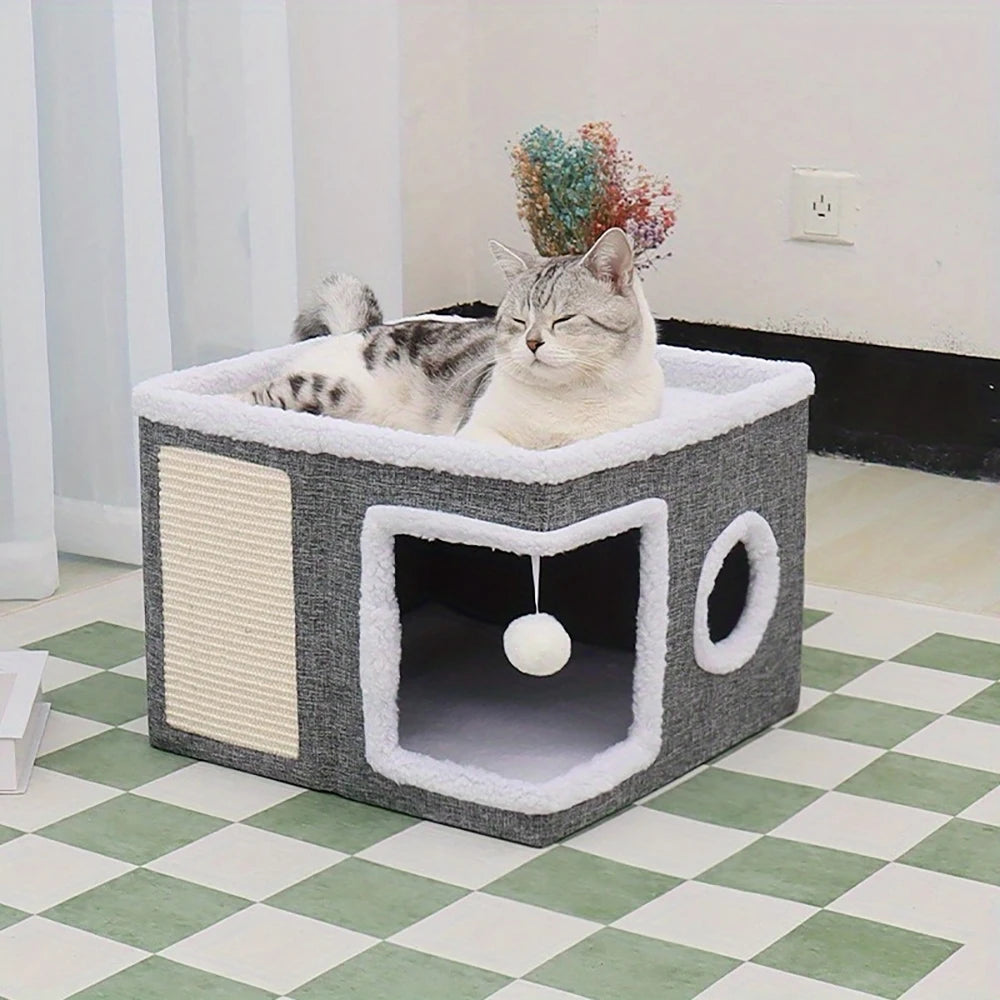 4-Season Multi-Level Cat House - Foldable Indoor Design, Scratching Board & Non-Slip Base 30LB Capacity, Warm Cat Bed Cat Cave
