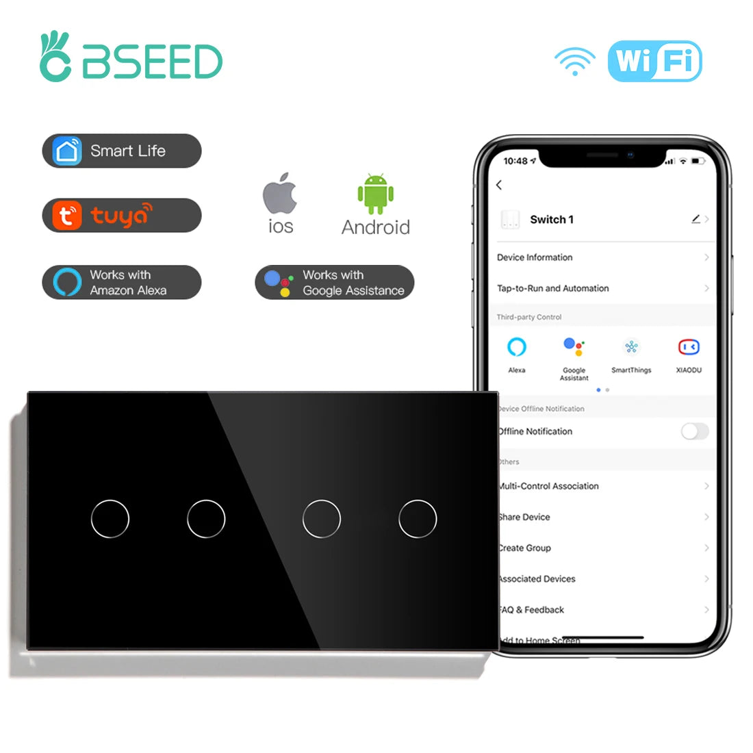 BSEED WiFi Touch Switch — 1/2/3 Gang Smart Tuya com USB‑C