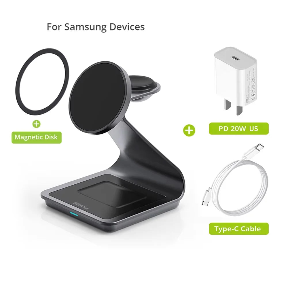 Bonola 3‑in‑1 Magnetic Wireless Charger — 25W Stand p/ Samsung & Watch