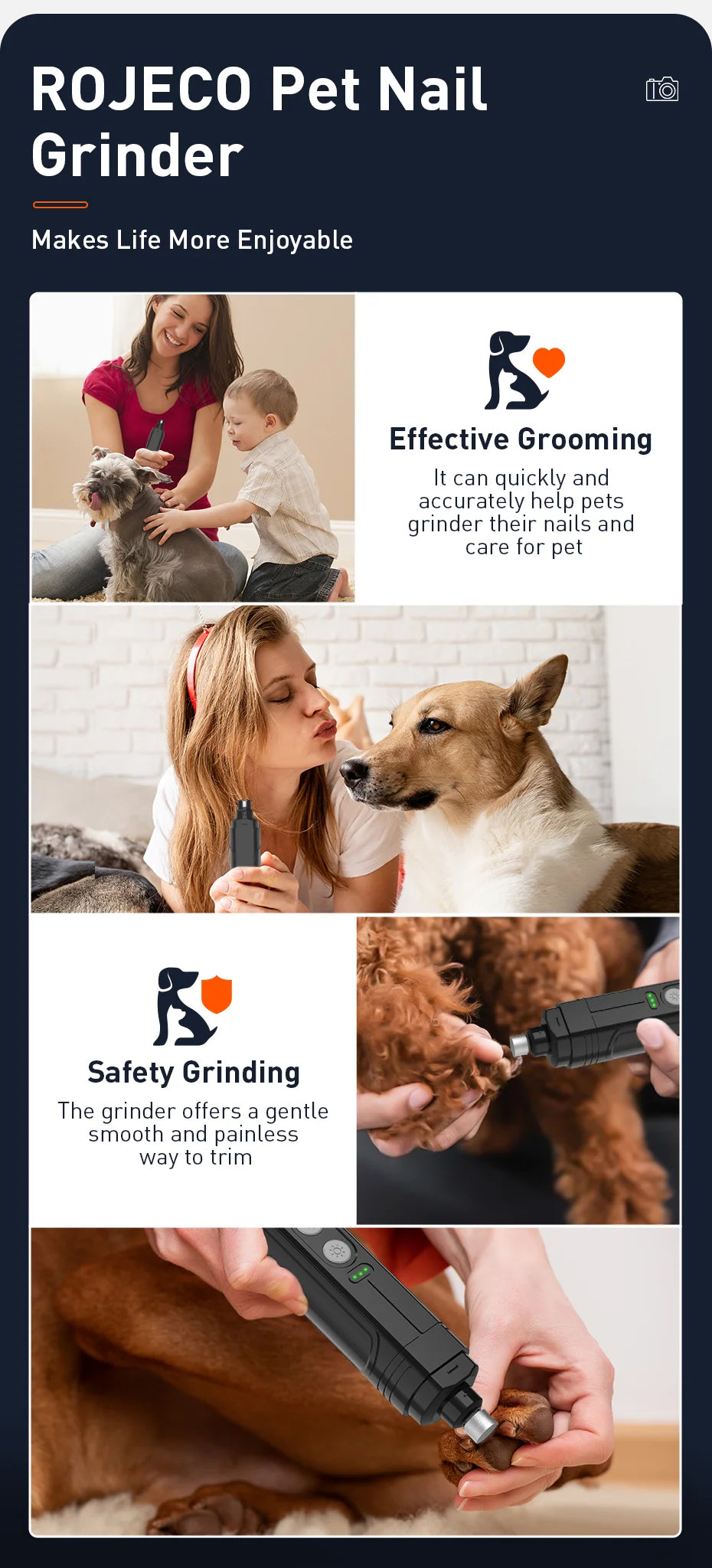 ROJECO P3 Electric Pet Nail Grinder Professional Dog Nail Clippers + 2 LED Light Rechargeable Cat Claw Nail Grooming Accessories