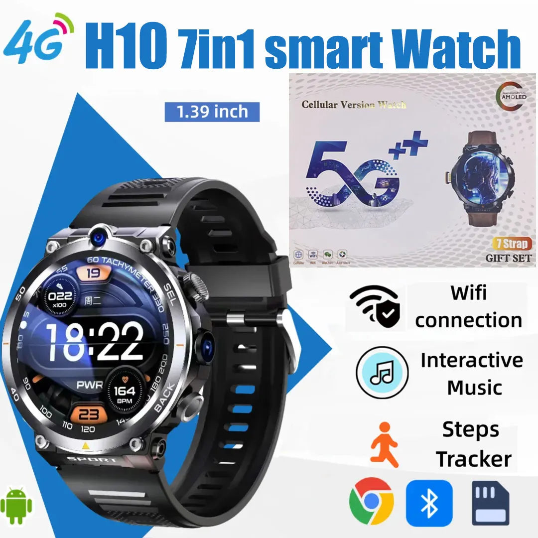 H10 4G LTE Men's Smartwatch: Dual 500W camera for video calls, 4 + 128 GB, WiFi NFC, 1380mAh battery