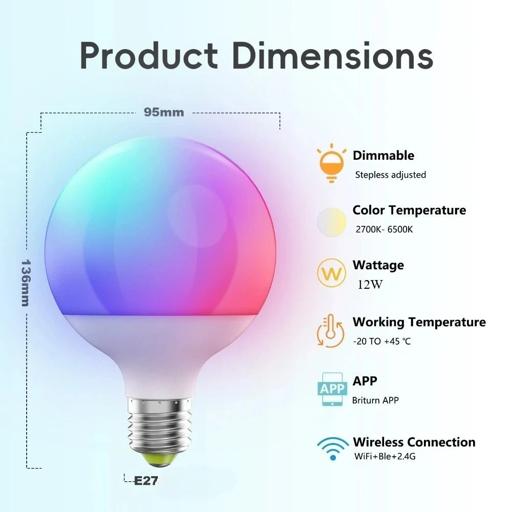 Melery Wifi Smart E27 LED Light Bulb G95 12W Equivalent 100-240V Warm Cool White RGB Color Changing Spot Lamp Alexa Google Home