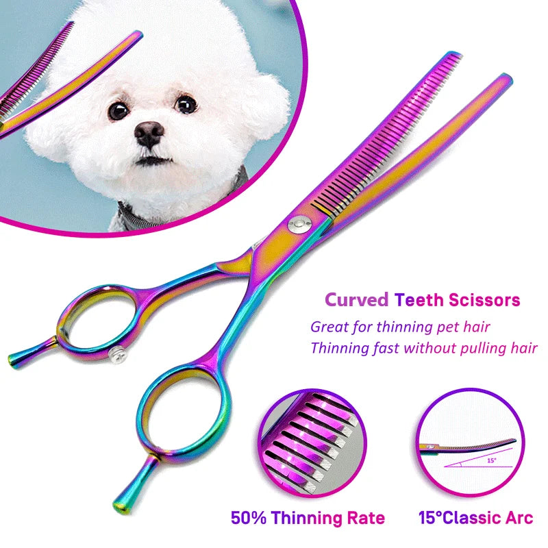 Colorful curved dog trimming clippers, 7.0 inch professional dog cutting scissors, pet trimming scissors.