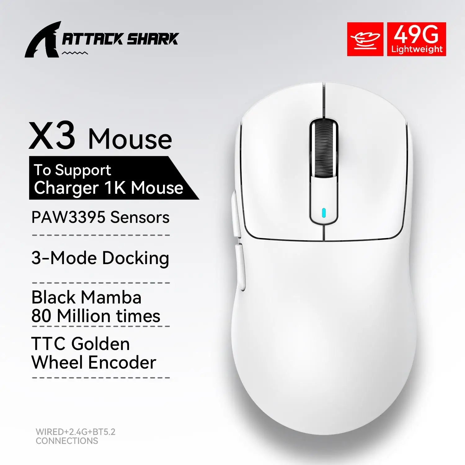 ATTACK SHARK X3 Lightweight Wireless Bluetooth Mouse Tri-Mode Connection,PAW3395,Macro Bluetooth Gaming Mouse