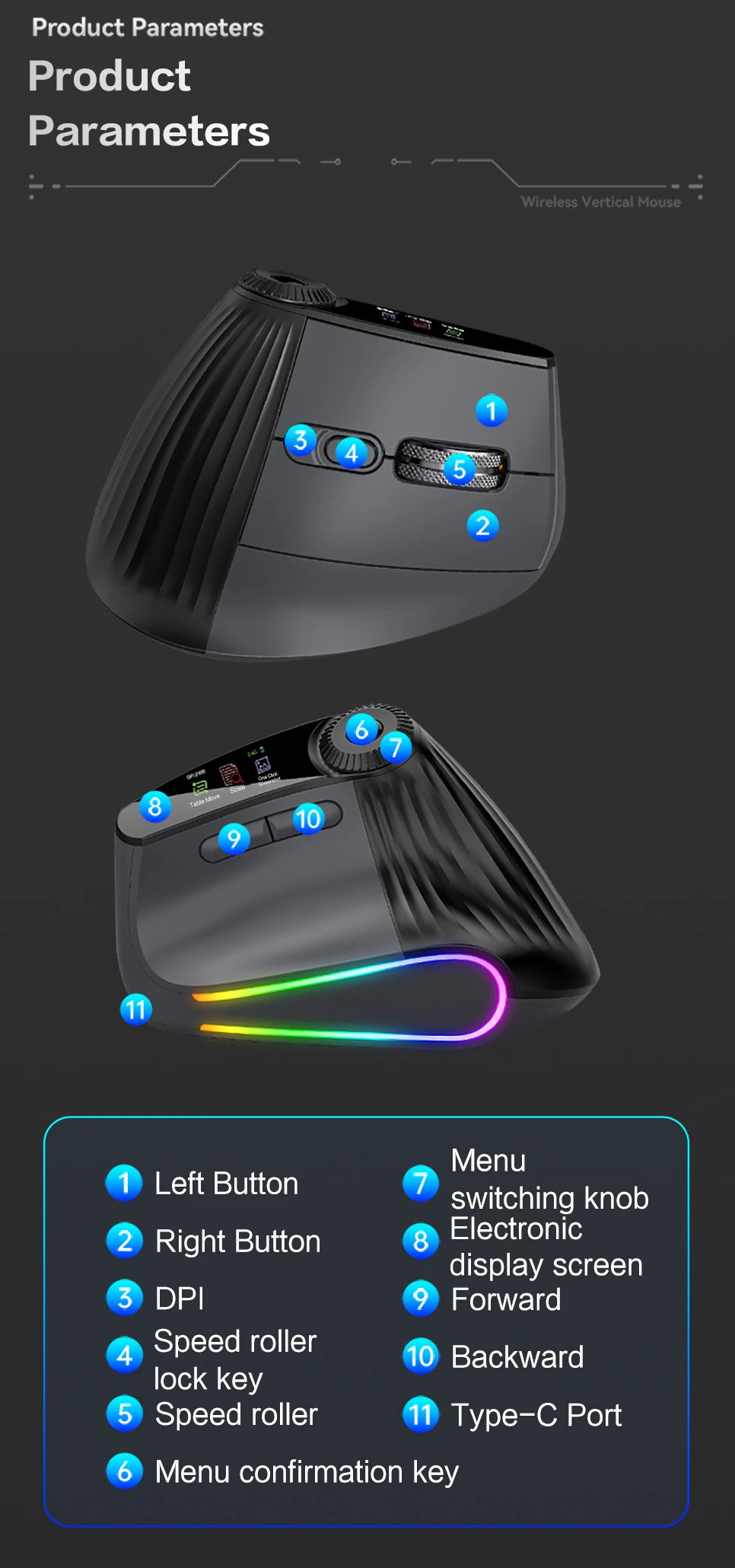 JOMAA Backlit Bluetooth Wireless Vertical Mouse With OLED Screen Rechargeable USB Wired Gaming Mouse 24000DPI Speed ​​Roller