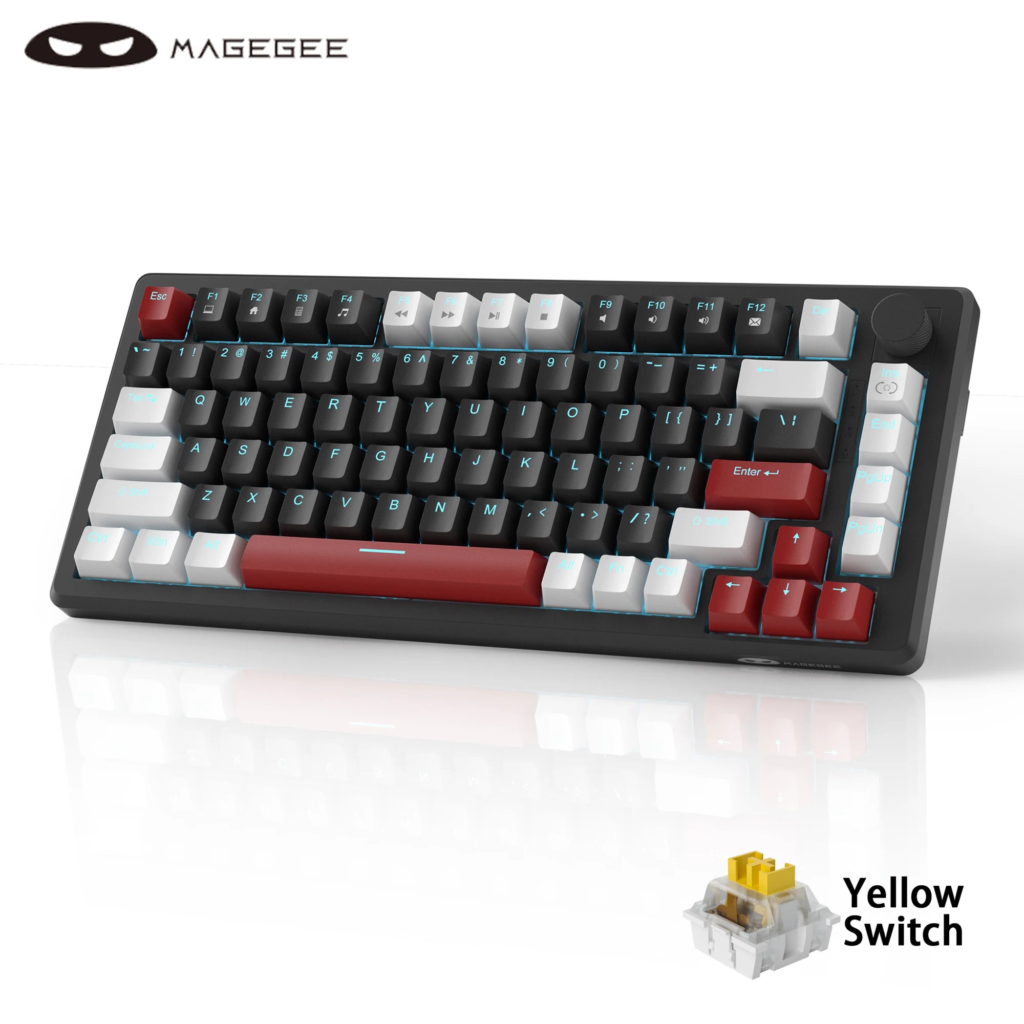 MageGee 75% Mechanical Gaming Keyboard with Knob Control, Blue Backlit Wired Gaming Keyboard Red/Yellow Switch for Windows PC
