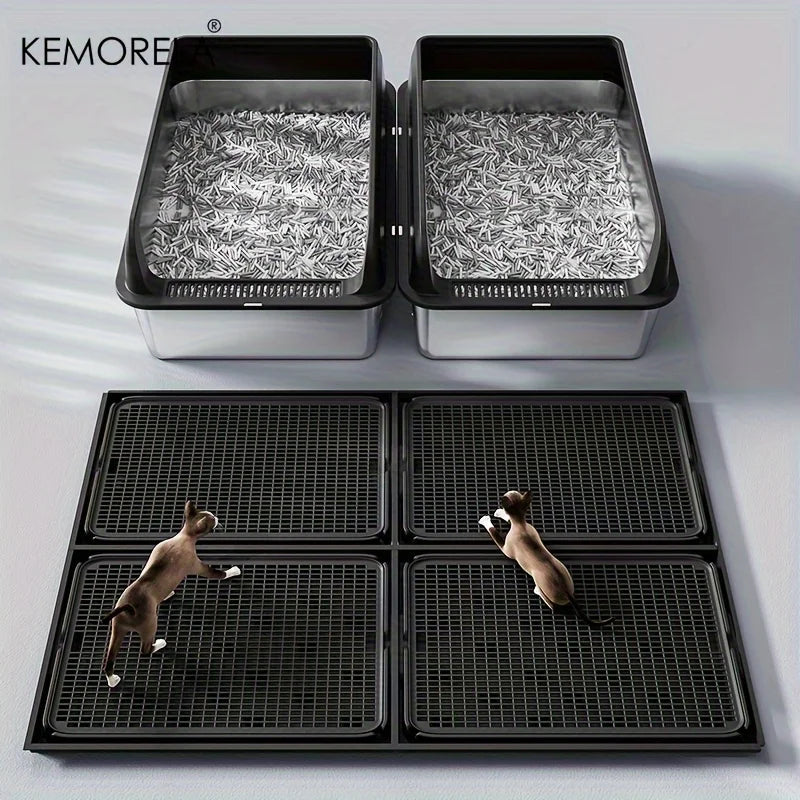 KEMORELA EXtra Large Stainless Steel Cat Litter Box with Lid - Enclosed LitterPan High-Sided Resistant Leak-Proof Cat Litter Mat