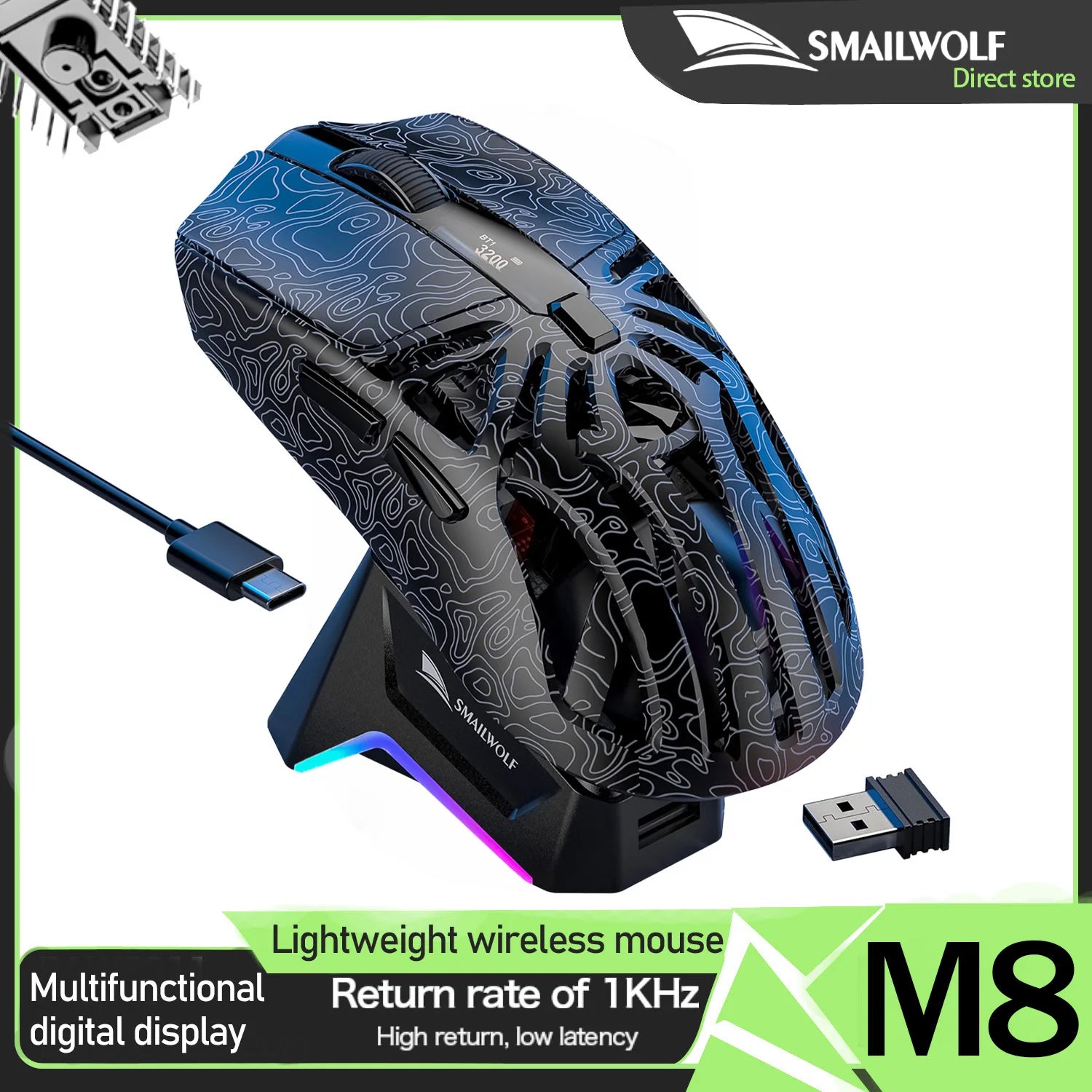 SMAILWOLF M8 Wireless Bluetooth Mouse, Three Modes, Lightweight, E-sports Gaming, RGB, Magnetic Charging, 12000dpi Gaming Mouse
