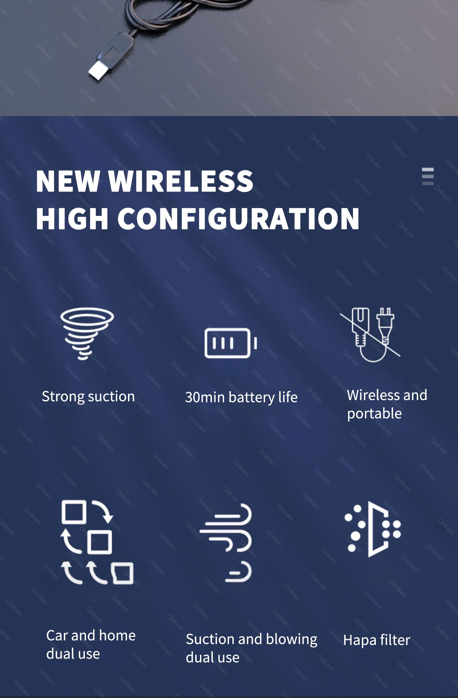 Aspirador Portátil Mini SZUK 98000PA Sem Fios para Carro e Casa