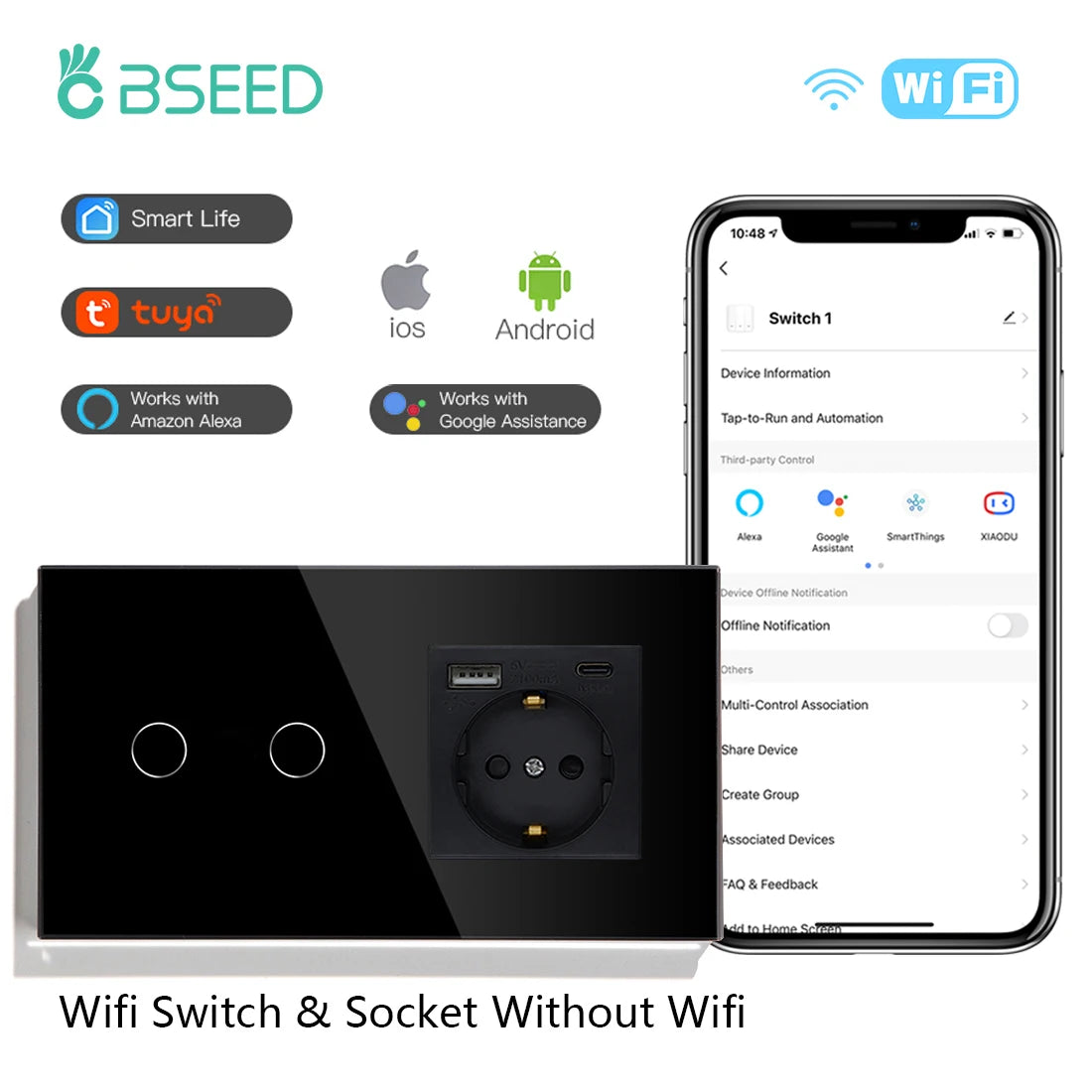 BSEED WiFi Touch Switch — 1/2/3 Gang Smart Tuya com USB‑C