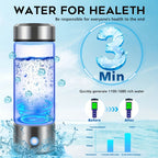 A bottle of hydrogen water, a glass of hydrogen-rich water, a USB-powered hydrogen electrolysis generator (3-minute charge), fitness equipment.