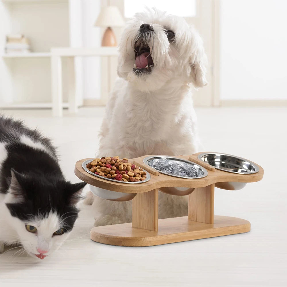 Raised Cat Feeder 3 Bowls in 1 Food and Water Supplies 15° Raised Puppy 3 Stainless Steel Bowls Wooden Cat Accessories