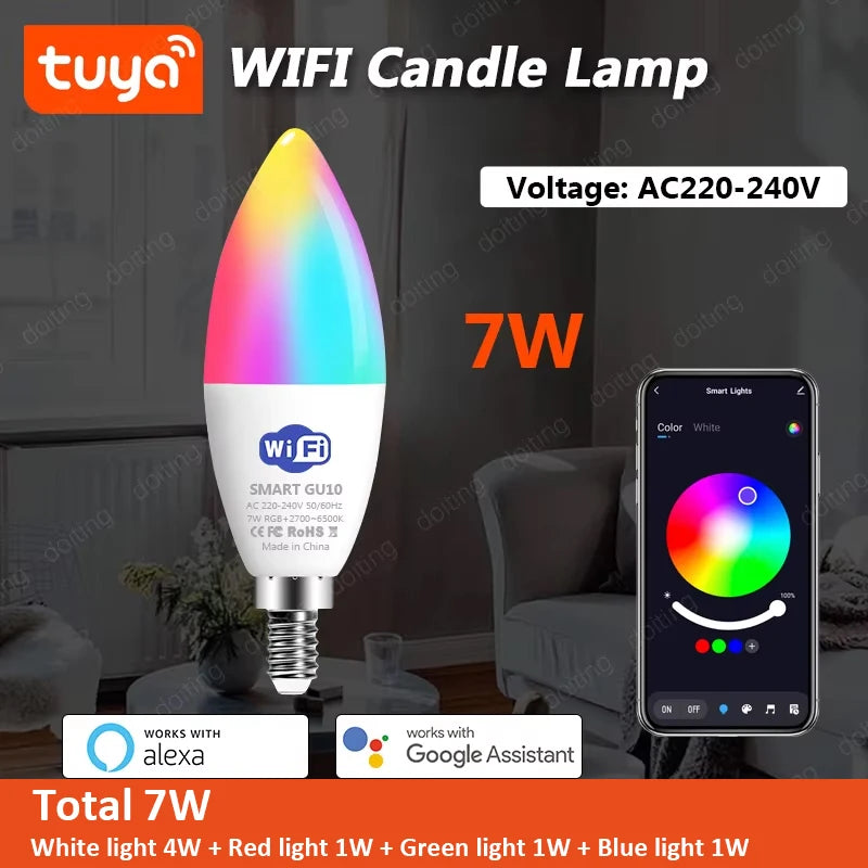 E14 Bluetooth Wifi Tuya Smart LED Chandelier Light Bulb RGB Color Changing Bulbs Smart Life APP Dimmable Alexa Google Home Voice