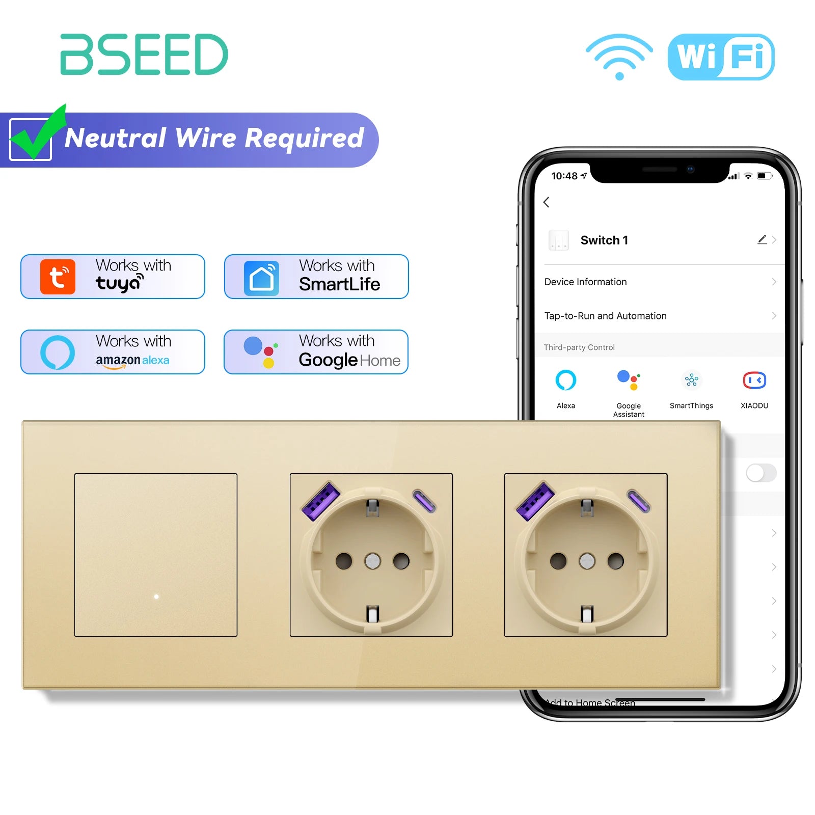 BSEED WiFi Click Switch Module — Moldura Vidro Ouro + Tomadas USB