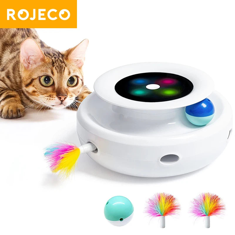 ROJECO 2 in 1 Smart Cat Toys Automatic Feather Fun Ball Toy Set for Cat and Dog - 5 Modes - Interactive Electronic Pet Accessories and Toys