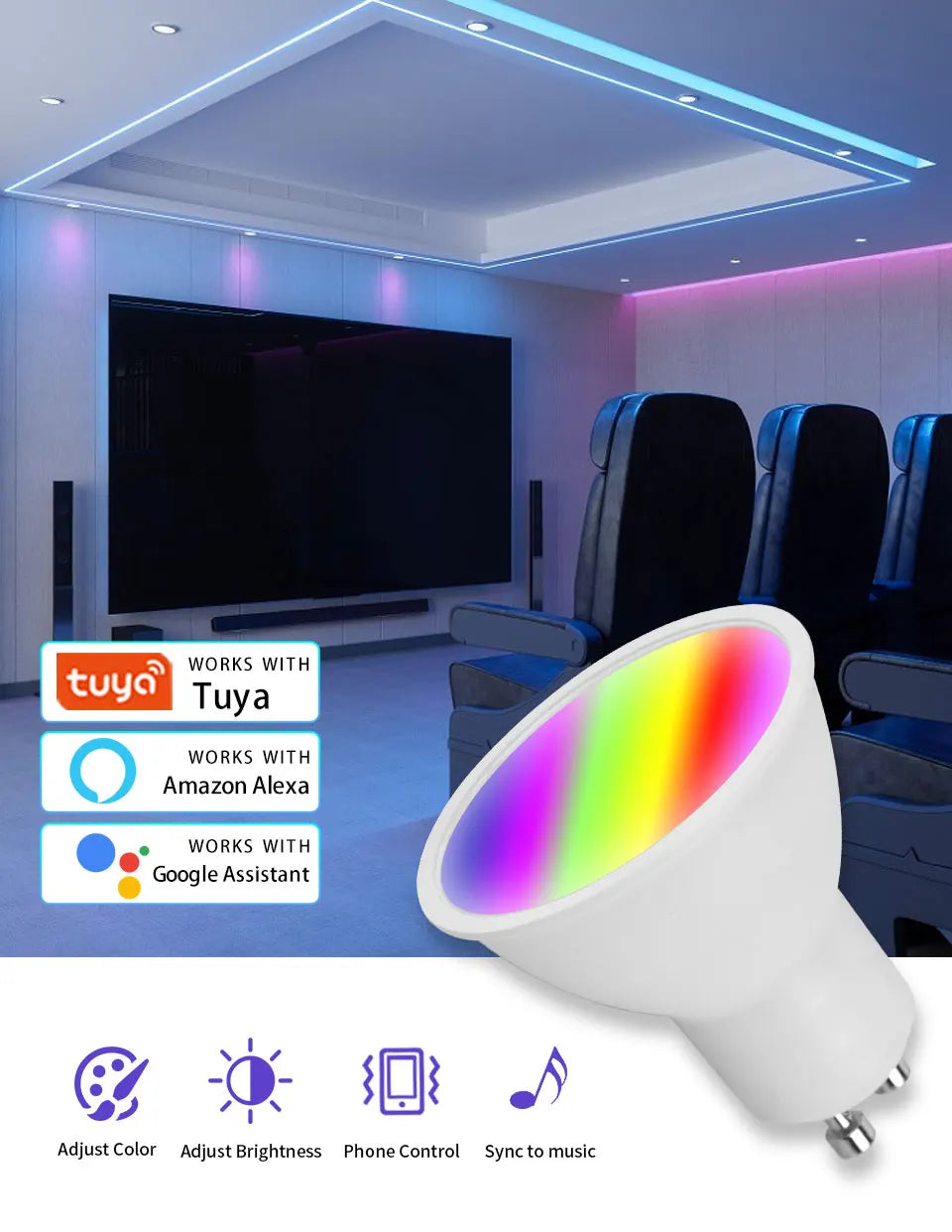 GU10 WiFi Tuya RGB — Spotlight Smart para Teto, Alexa e Google Home
