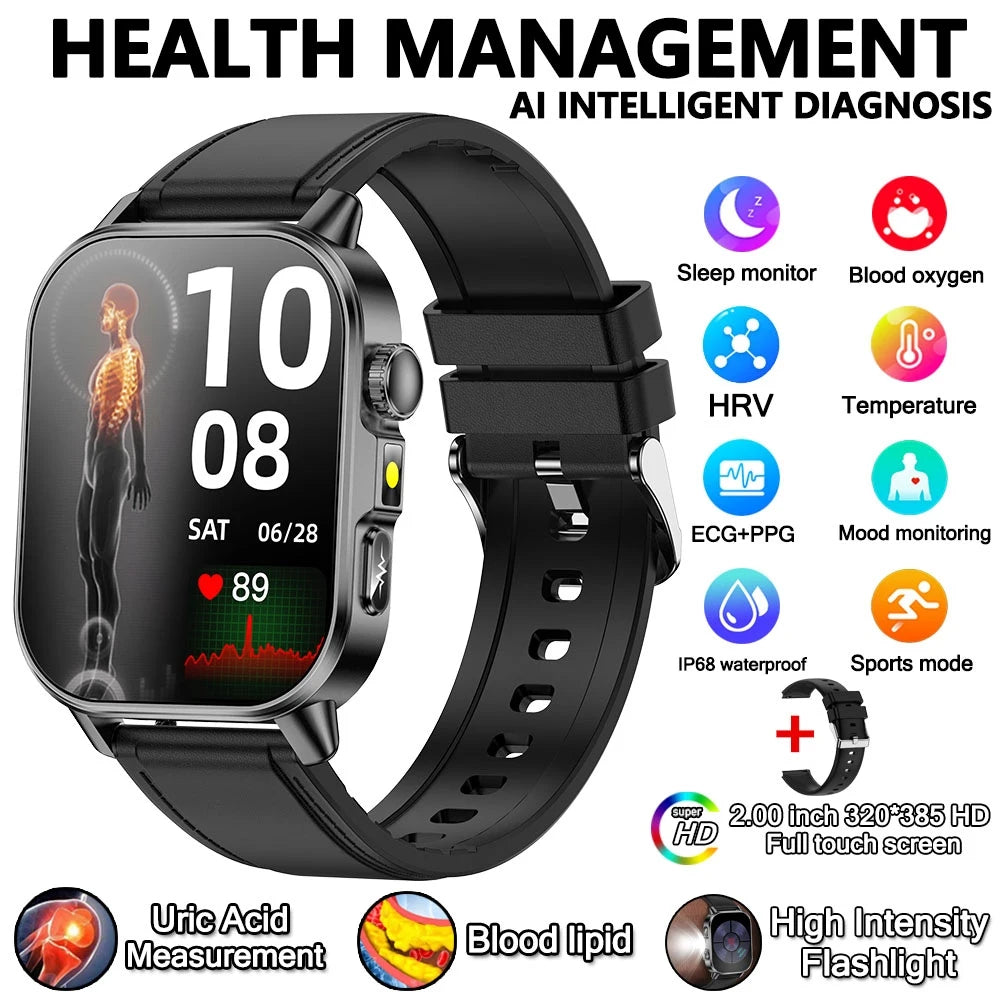 2026 New Model Uric Acid & Lipid Health Analysis Smartwatch Men's ECG+PPG Bluetooth Call 2.01 inch Flashlight Smartwatch Women's