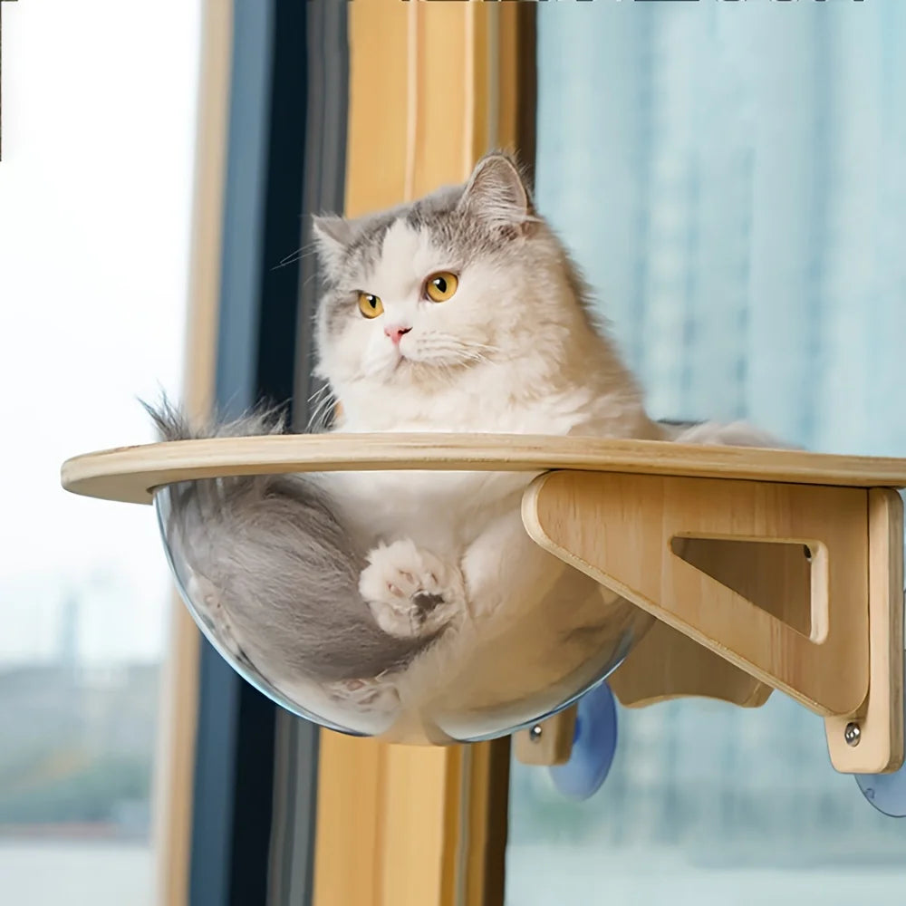 Cat Window Perch Hammock with Suction Cups, Solid Wood Window Mount Cat Bed, Indoor Cat Space Capsule Pet Nest