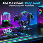 Headphone & Controller Stand with 9 Light Modes - Foldable Controller Hanger for Desk - Earphone Stand with Cable Organizer