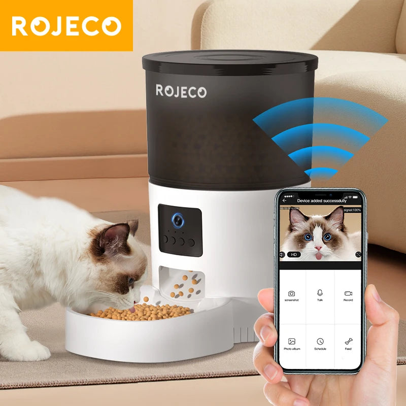 ROJECO Automatic Cat Feeder with Camera, Video Cat Food Dispenser, Pet Smart Voice Recorder, Remote Control, Auto Feeder for Cats and Dogs