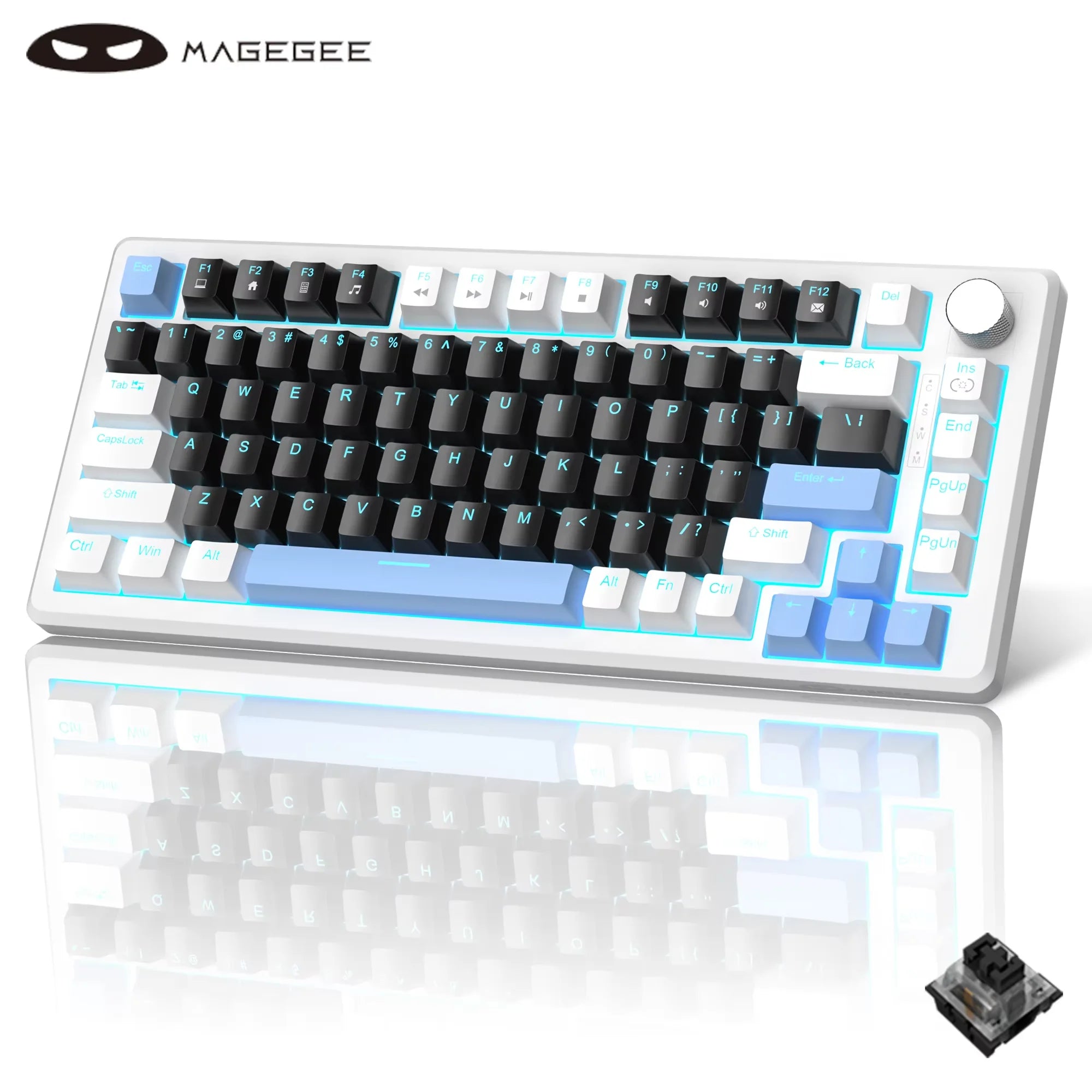 MageGee 75% Mechanical Gaming Keyboard with Knob Control, Blue Backlit Wired Gaming Keyboard Red/Yellow Switch for Windows PC