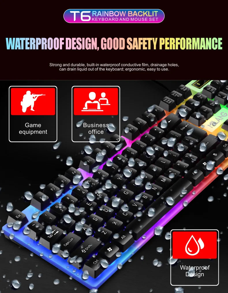 Rainbow Backlit Wired Keyboard and Mouse,Floating Keycap Strong, Wear-resistant, Comfortable Feel Keyboard for Business Office