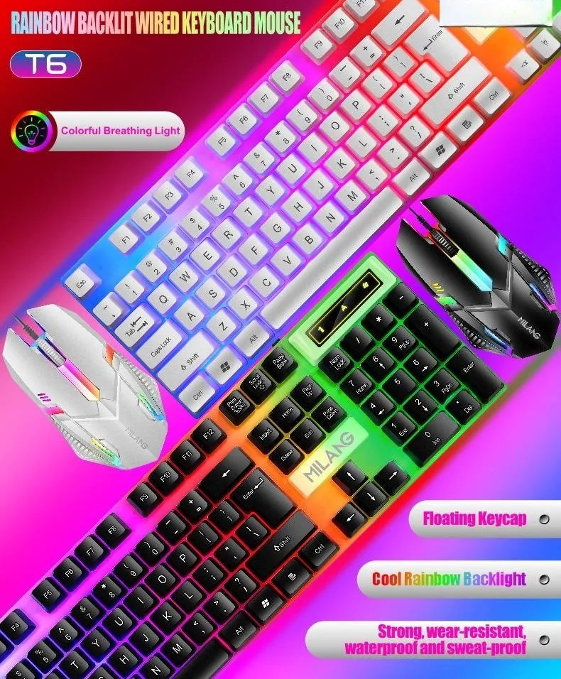 Rainbow Backlit Wired Keyboard and Mouse,Floating Keycap Strong, Wear-resistant, Comfortable Feel Keyboard for Business Office