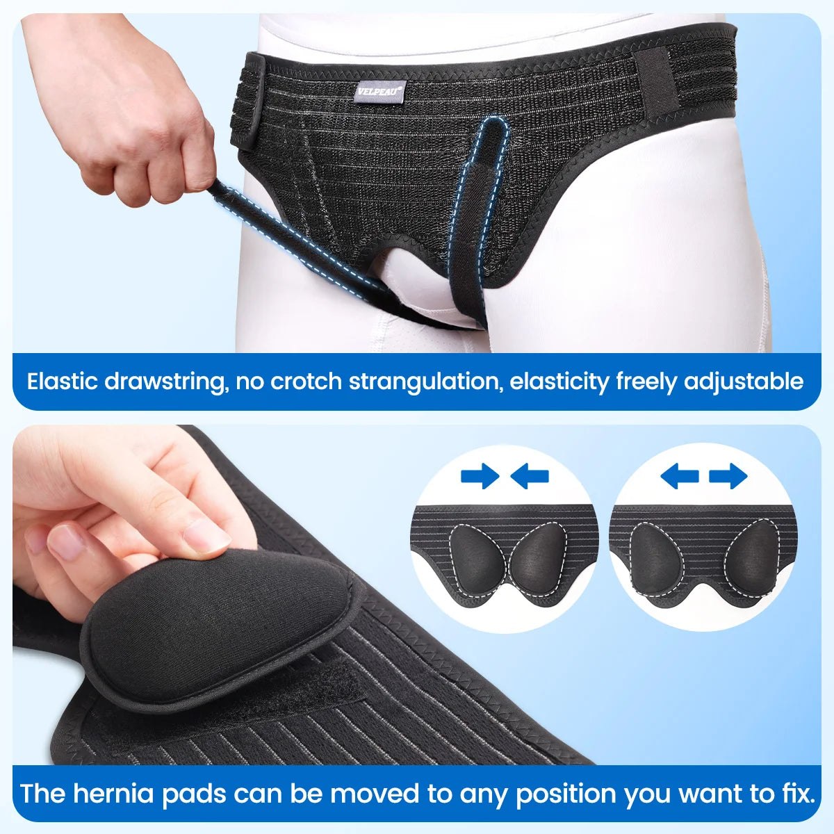 VELPEAU Hernia Belt with 2 compression pads, adjustable Hernia Truss support for single/double inguinal hernias for men and women.