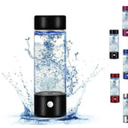 A bottle of hydrogen water, a glass of hydrogen-rich water, a USB-powered hydrogen electrolysis generator (3-minute charge), fitness equipment.