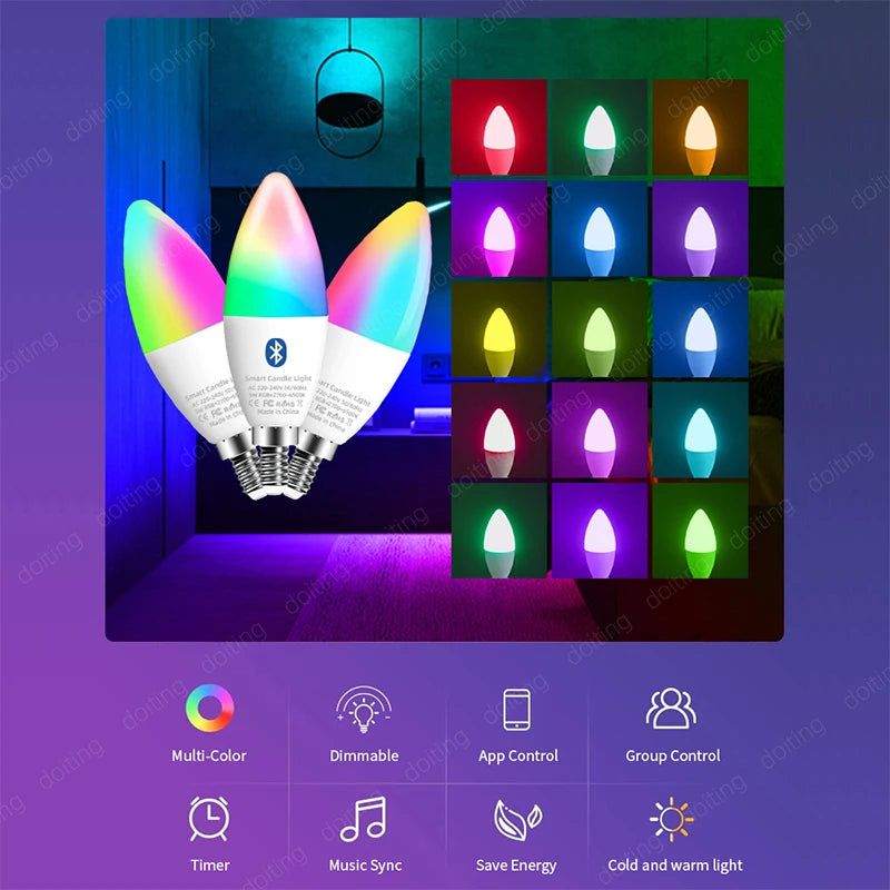 E14 Bluetooth Wifi Tuya Smart LED Chandelier Light Bulb RGB Color Changing Bulbs Smart Life APP Dimmable Alexa Google Home Voice