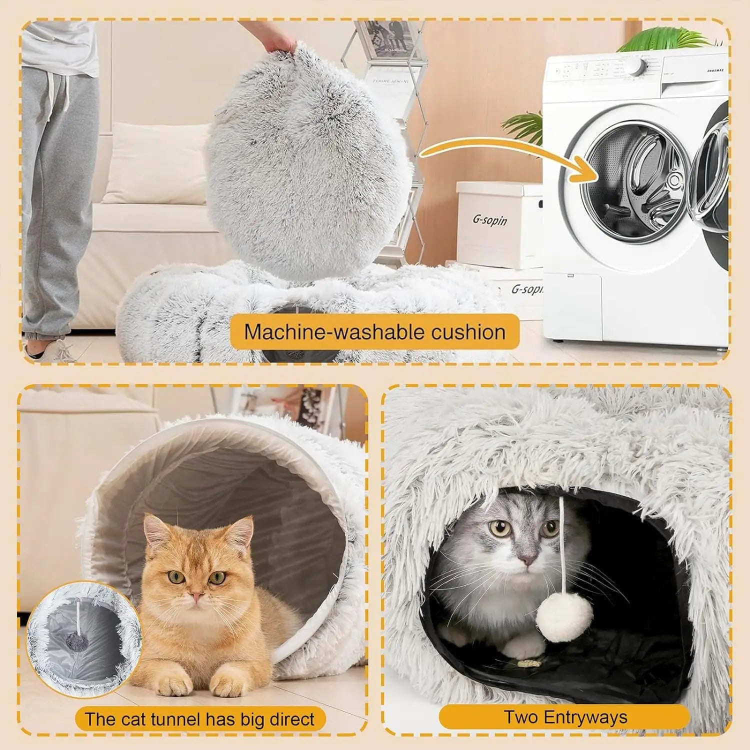 Túnel‑Cama para Gatos – Ninho Dobrável 2 em 1, Quentinho para o Inverno