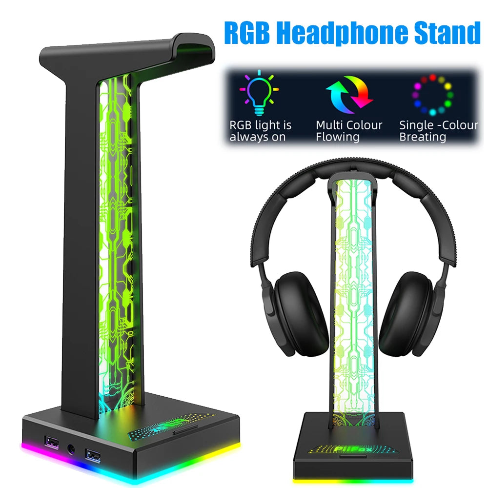 Desktop Gaming Headset Hanger Bracket RGB Headphone Holder Stand with 2 USB Charger Ports Headphone Rack for PUBG Computer Gamer