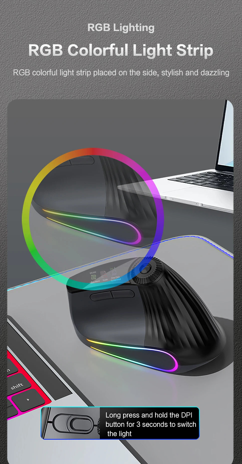 JOMAA Backlit Bluetooth Wireless Vertical Mouse With OLED Screen Rechargeable USB Wired Gaming Mouse 24000DPI Speed ​​Roller