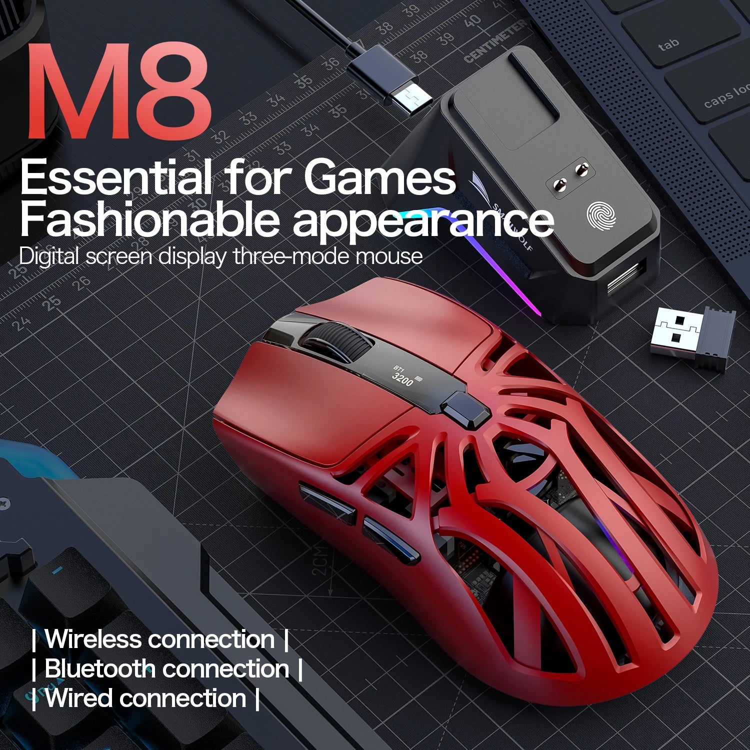 SMAILWOLF M8 Wireless Bluetooth Mouse, Three Modes, Lightweight, E-sports Gaming, RGB, Magnetic Charging, 12000dpi Gaming Mouse