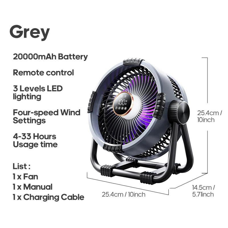 Portable 6 in 1 Outdoor Camping Fan 20000mAh Rechargeable Wireless Tent Ceiling Fan 4 Speed ​​Adjustment LED Lighting Power Bank
