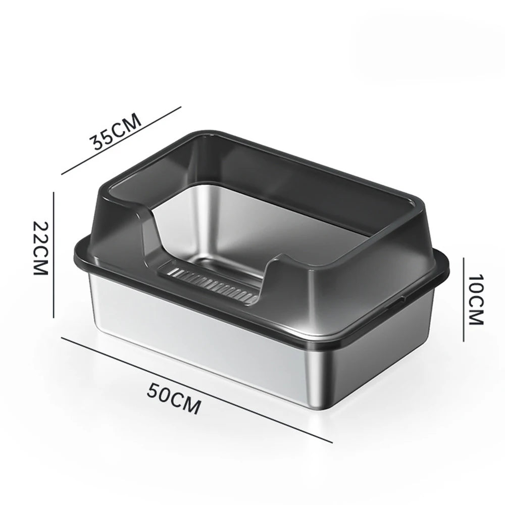 Stainless Steel Cat Litter Box with Lid and Scoop for Big Cat XL Metal Litter Pan Tray with High Wall Sides Enclosure Non-Sticky