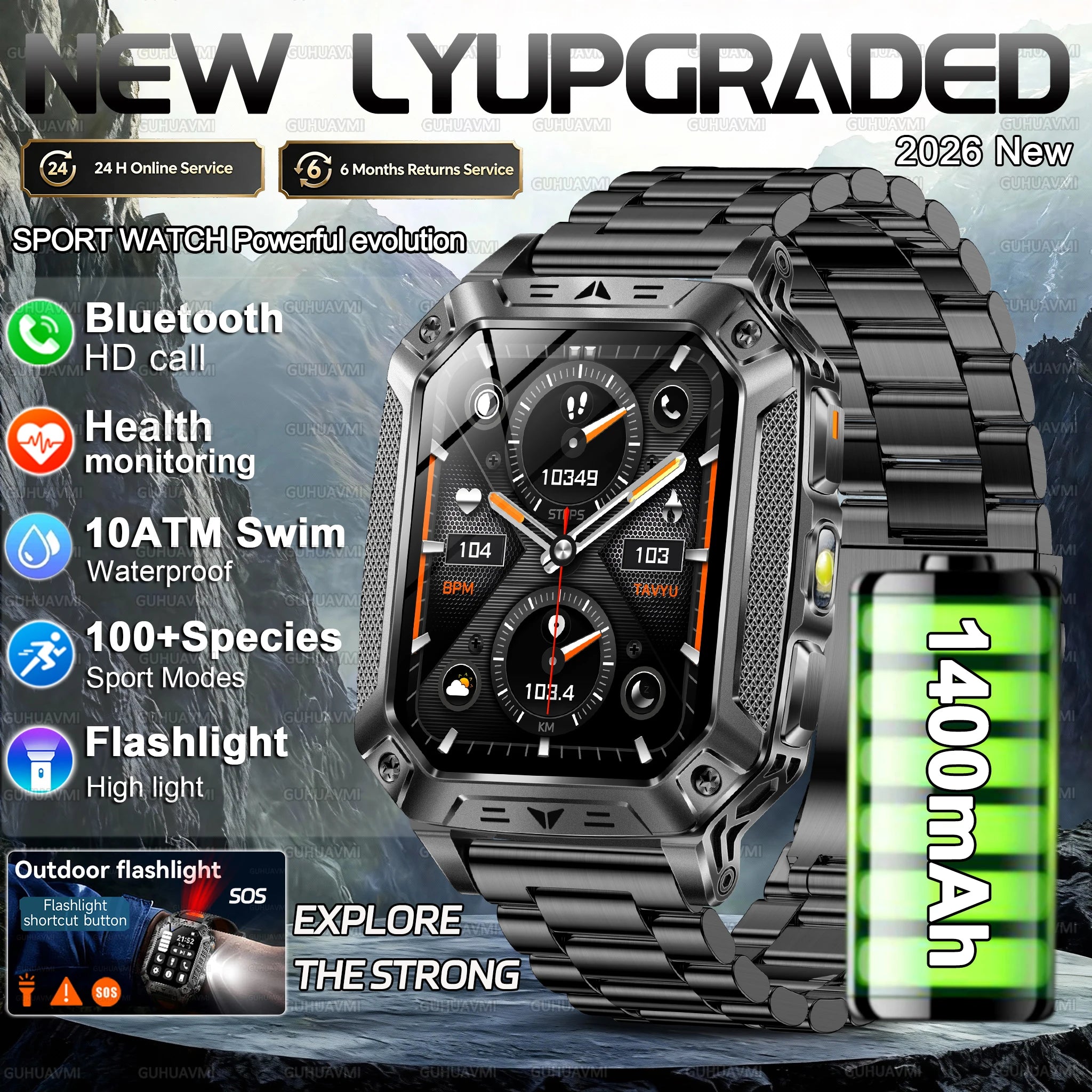 New Rugged Military Smart Watch Men 1400mAh Battery 2.01inch AMOLED Bluetooth Call 10ATM Waterproof LED Flashlight Smart Watch