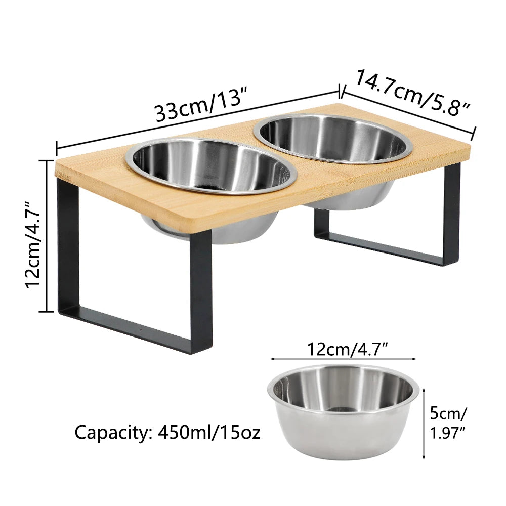 Elevated Cat Bowls Pet Feeder 15° Tilted Raised Cat Food Bowls with Wooden Stand, 2 Stainless Steel Bowls for Cats and Kittens