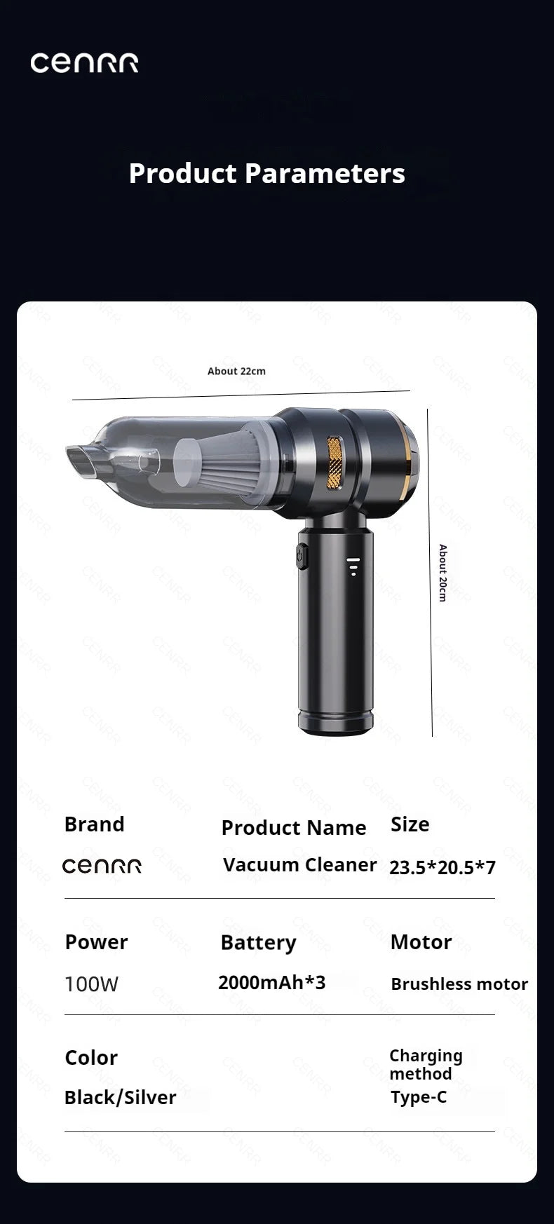 Aspirador Portátil CENRR 998000PA Sem Fios para Limpeza de Carro