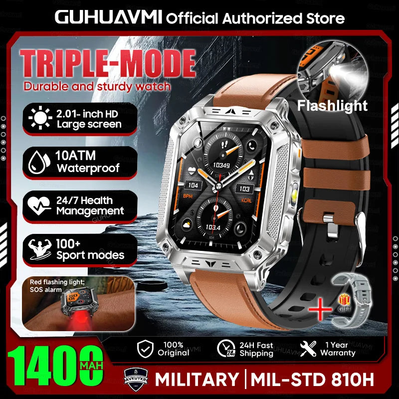 New Rugged Military Smart Watch Men 1400mAh Battery 2.01inch AMOLED Bluetooth Call 10ATM Waterproof LED Flashlight Smart Watch