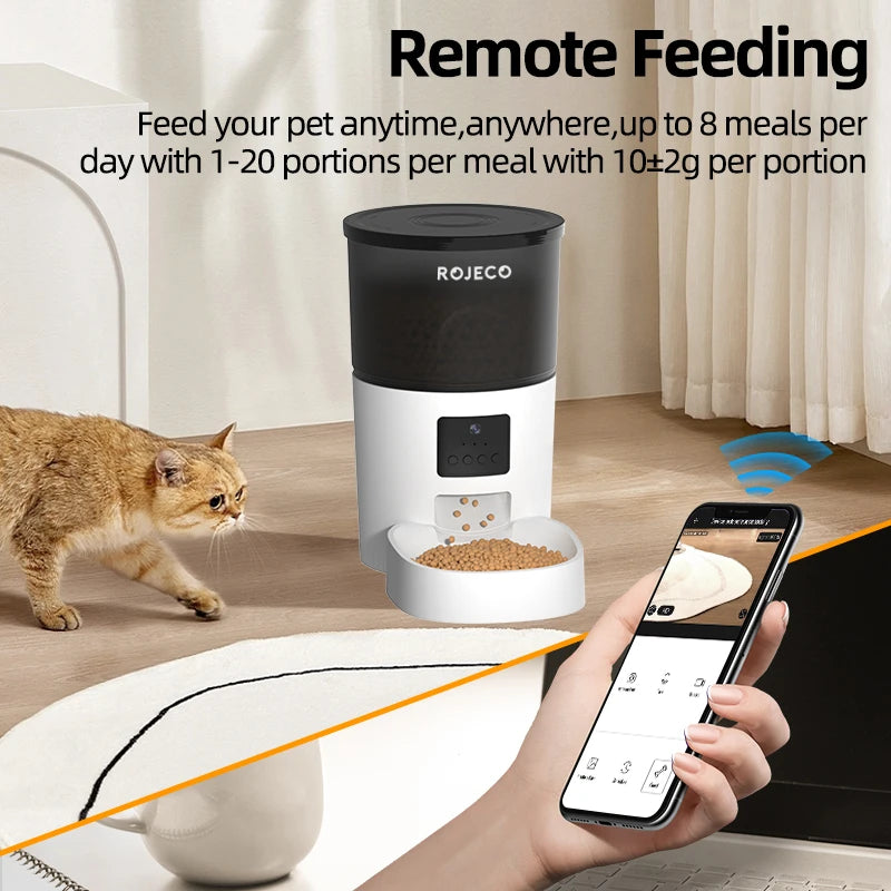 ROJECO Automatic Cat Feeder with Camera, Video Cat Food Dispenser, Pet Smart Voice Recorder, Remote Control, Auto Feeder for Cats and Dogs